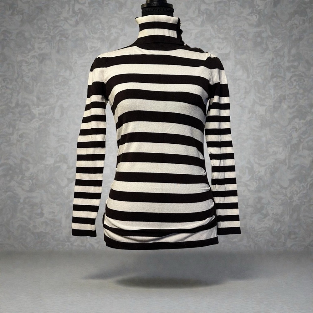 Cache Chocolate Brown & Ivory Striped Turtleneck Sweater Gold Buttons Size M - Picture 4 of 15